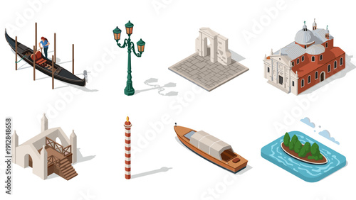 Isometric venice scenes featuring gondola, iconic landmarks, and traditional architecture