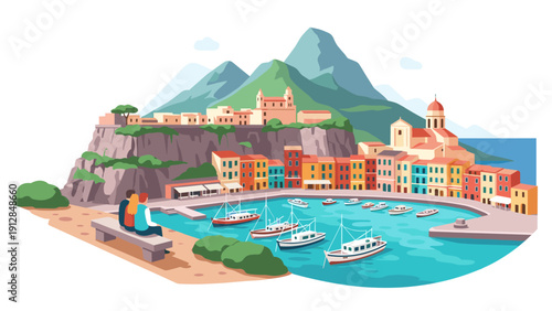 Scenic coastal town with vibrant buildings and harbor in flat design