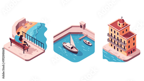 Isometric coastal scenes featuring seaside views with benches and boats