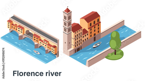 Isometric florence river view with historic buildings and boat