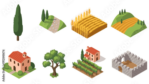 Isometric farm landscape elements including trees, crops, and buildings