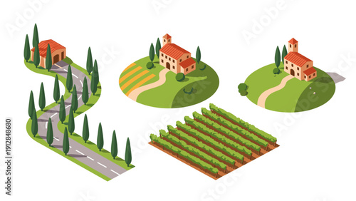 Isometric countryside scenes with vineyards and buildings on rolling hills