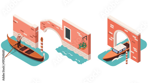 Isometric venice canal scene with gondola and bridge elements