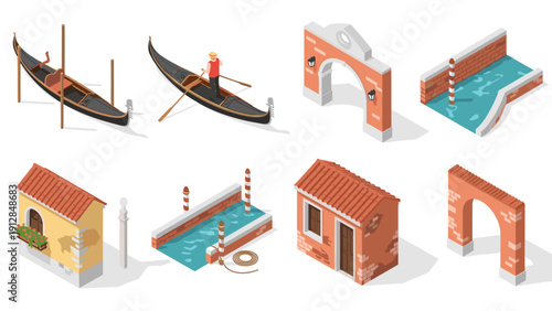 Isometric venice elements: gondolas, canals, and architecture for travel design projects