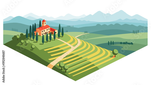 Idyllic countryside landscape with rolling hills and rustic farmhouse