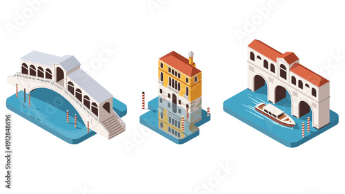 Isometric venice landmarks with rialto bridge and traditional architecture