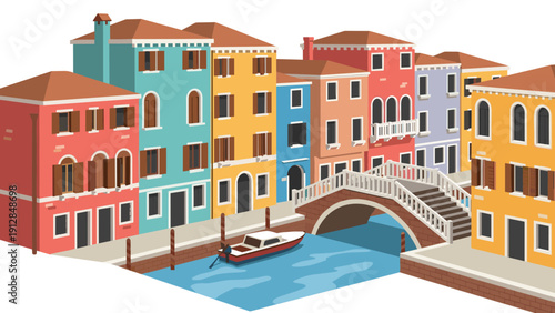 Charming waterfront scene with colorful italian architecture and canal bridge