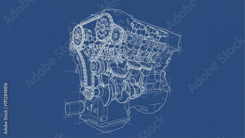V6 Engine Cutaway Side View Blueprint Engineering Technical Drawing