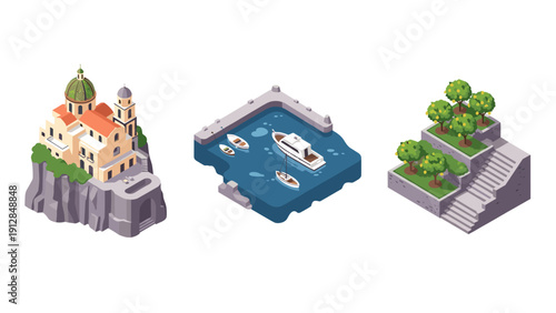 Isometric mediterranean landscape with coastal village, harbor, and terraced gardens