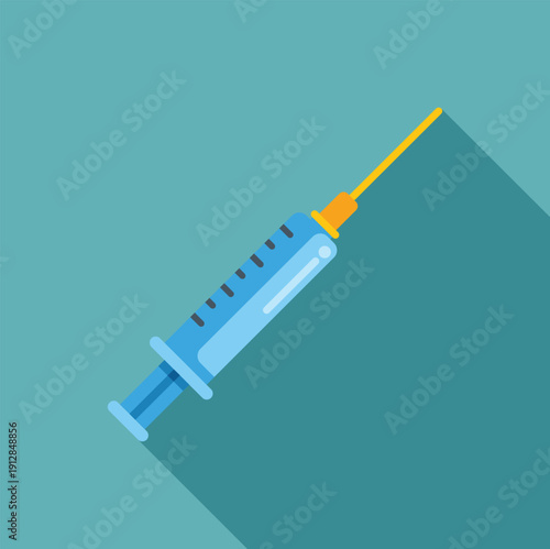 Syringe with a needle filled with liquid, representing vaccination and healthcare in flat design