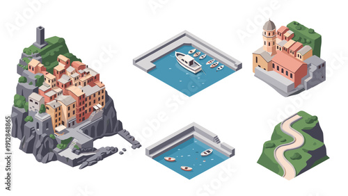Charming coastal village and harbor isometric art with mediterranean architecture