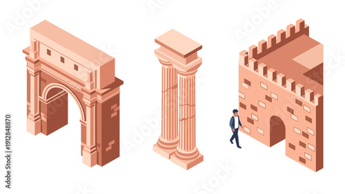 Isometric ancient architecture collection with arch, column, and castle