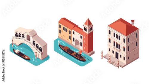 Isometric venice architecture with canal boats and iconic buildings