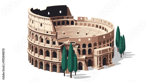 Isometric ancient roman colosseum with tall trees on white background