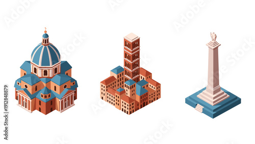 Isometric buildings collection with dome cathedral, tower, and obelisk
