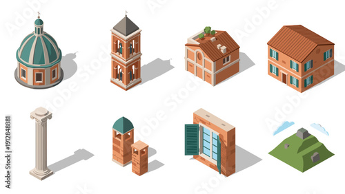Isometric architecture elements set: classical and modern buildings with shadows