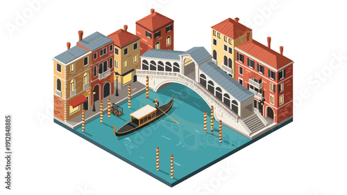 Isometric venice canal with gondola and historic architecture