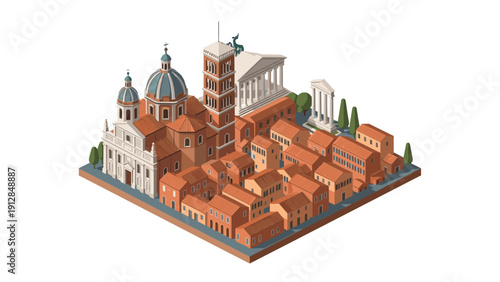 Isometric cityscape of historical european architecture with red roofs