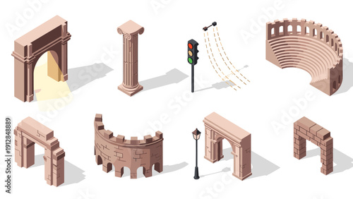 Isometric ancient architectural elements and modern urban objects collection