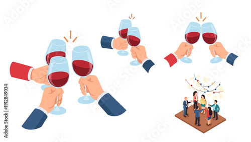 Isometric cheers: glass clinking celebration at a party gathering