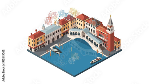 Venice isometric cityscape with fireworks over canal and historic buildings