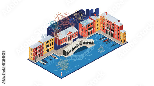 Isometric venice canal scene with fireworks celebrating italian architecture