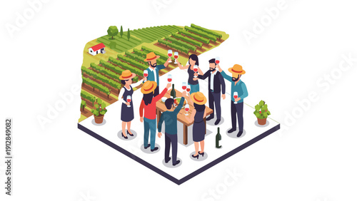 Isometric vineyard gathering with people celebrating wine in scenic outdoor setting