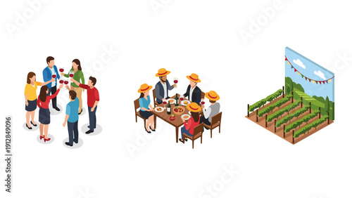 Isometric wine tasting and vineyard scenes with social gatherings and outdoor dining