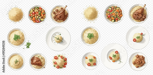 Set of delicious food items, including mashed potatoes, roasted duck, and vegetable stew, served on white plates, top view.