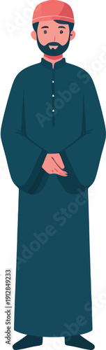 Muslim Man Praying on Rug Flat Vector Illustration Spiritual Concept