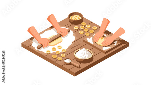 Isometric baking scene with dough and ingredients on wooden table