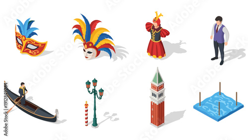 Isometric venice: carnival masks, gondolas, and iconic landmarks