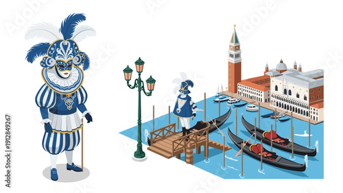 Venetian carnival costume and gondolas in isometric venice scene