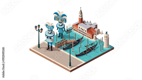 Colorful venice carnival celebration in isometric style with gondolas and venetian architecture