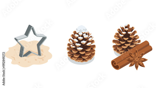 Pinecones with cinnamon and star anise on sand with cookie cutter in winter holiday theme