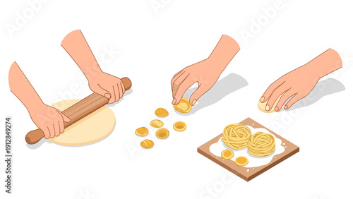 Hands crafting fresh pasta with rolling pin and formed shapes on rustic board