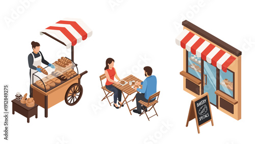 Charming outdoor bakery scene with customers enjoying pastries under striped awning
