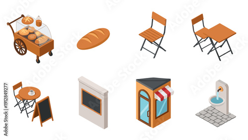 Cozy outdoor cafe elements with isometric bakery cart, furniture, and decor