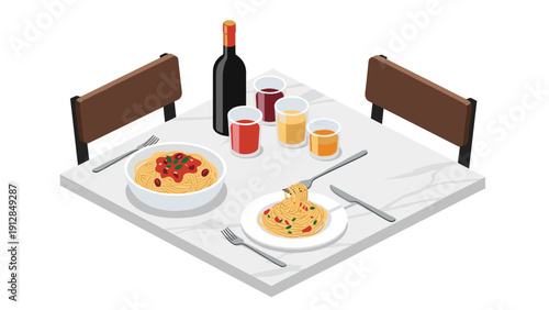 Isometric dining scene with pasta dishes, wine, and juice on a marble table