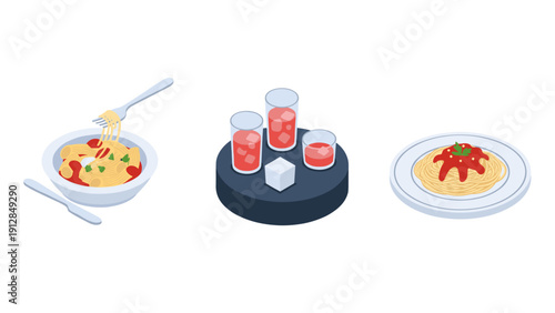 Isometric pasta and drinks: fork twirls spaghetti, tomato sauce dish, refreshing beverages