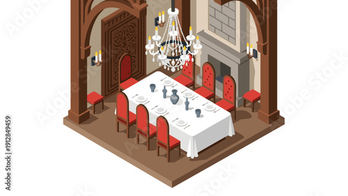 Elegant isometric dining room with chandelier and red chairs in classic design