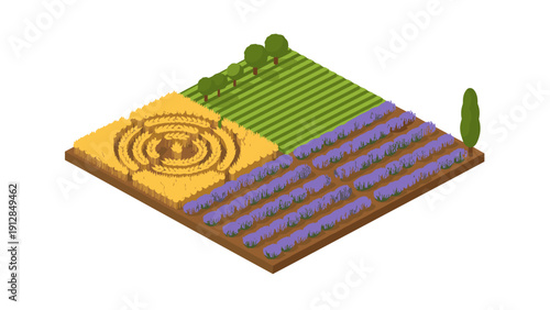Isometric farmland with wheat and lavender fields highlighted with crop circle