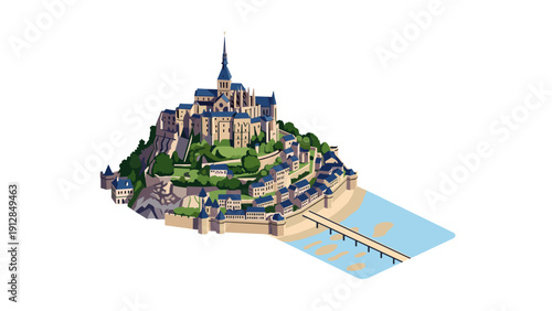 Charming coastal castle on hill in colorful style with bridge and sea