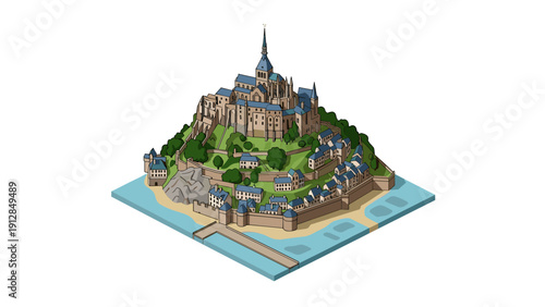Isometric medieval island fortress with castle and residential buildings