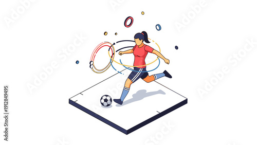 Dynamic female soccer player kicking ball with colorful motion effects