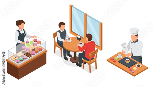 Isometric cafe scene with pastry display and barista