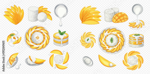 Set of mango desserts and ingredients with cream and mint on a transparent background.