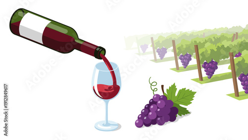 Wine pouring into glass with vineyard scene and grapes