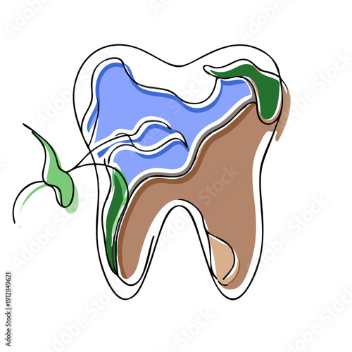 Abstract tooth design with colorful landscape elements  