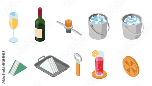 Isometric beverage and bar essentials: wine, ice buckets, drink garnishes
